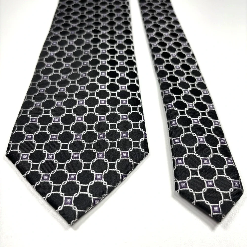 FORSYTH of Canada Mens Luxury Tie Black & Silver Geometric Foulard Silk Repp